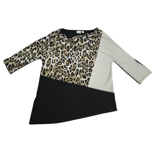 Chicos Tunic Size 3 or XL Asymmetrical Hem Leopard Black‎ Color Block 3/4 Sleeve - Picture 6 of 8